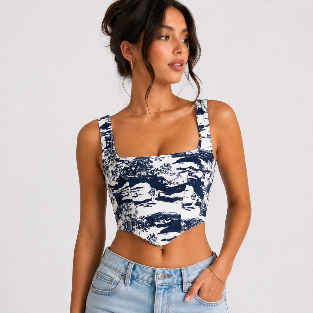 Reformation Raya Naked Lunch Toile Denim Corset Bustier Crop Top Size 6